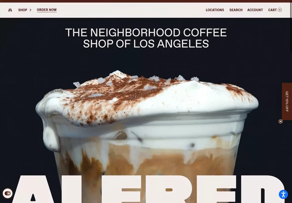 A full-homepage scroll through Alfred’s Coffee, including its oversized coffee hero, shop products, ordering, and neighborhood café