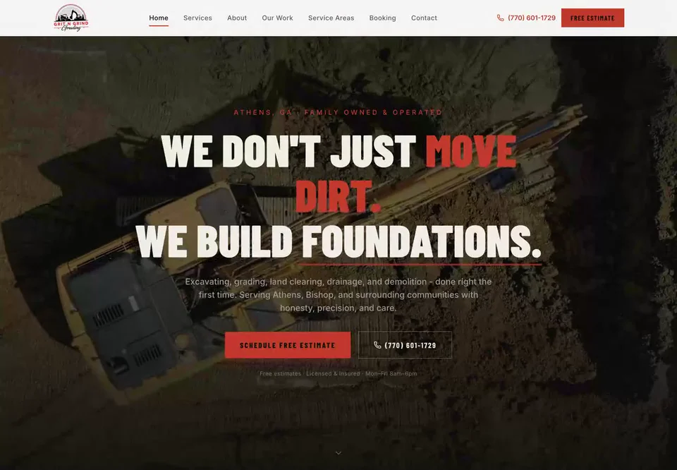 A scroll through Athens Excavating’s Grit N Grind website, from its moving excavator hero to services and the animated project gallery