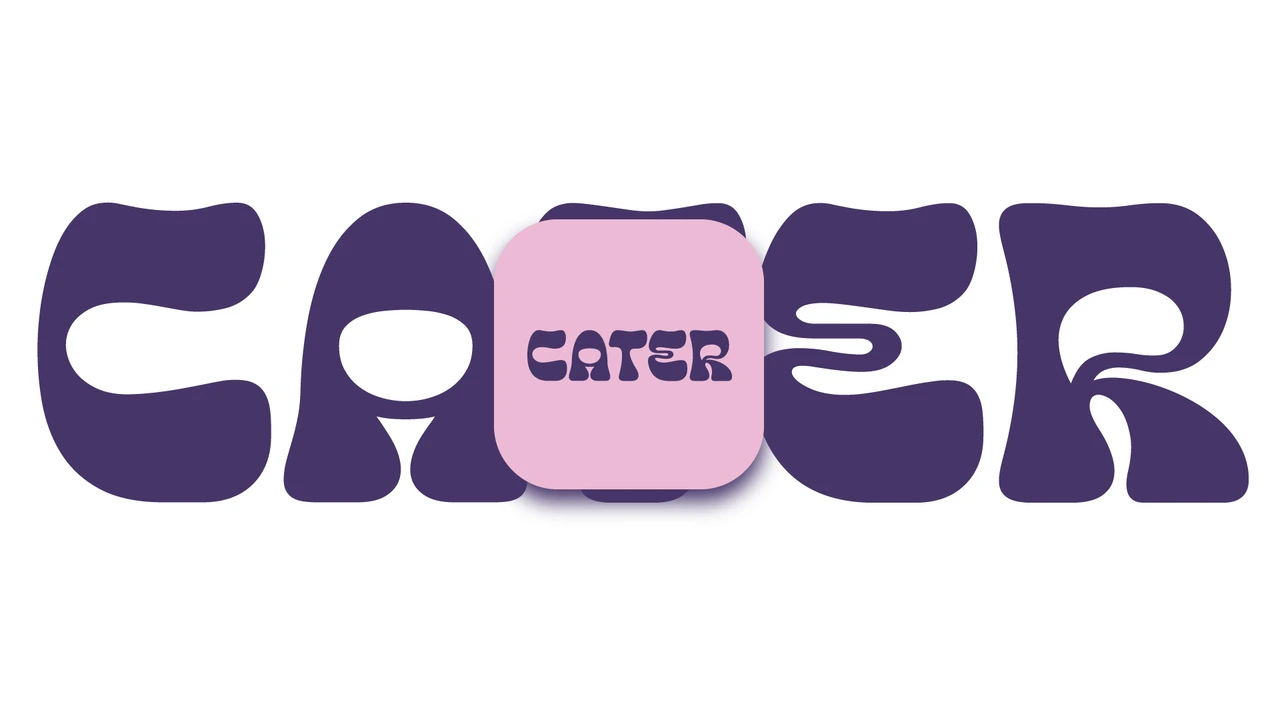 Cater’s original purple wordmark with its pink app icon on a white background