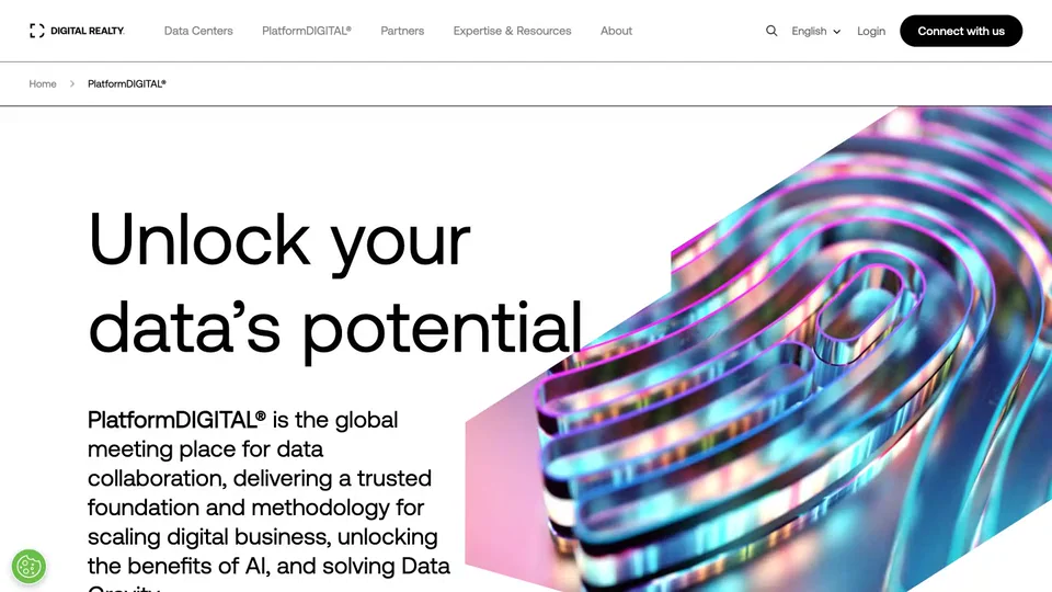 A scrolling overview of Digital Realty’s PlatformDIGITAL website, from its iridescent hero through infrastructure, platform offerings, and AI solutions