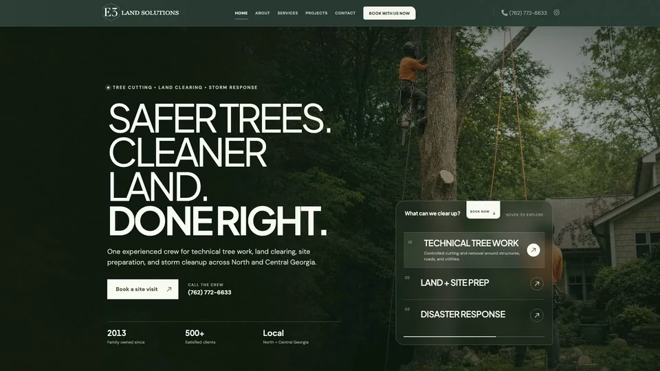 E3’s forest green website cycling through tree care, land clearing, and disaster response
