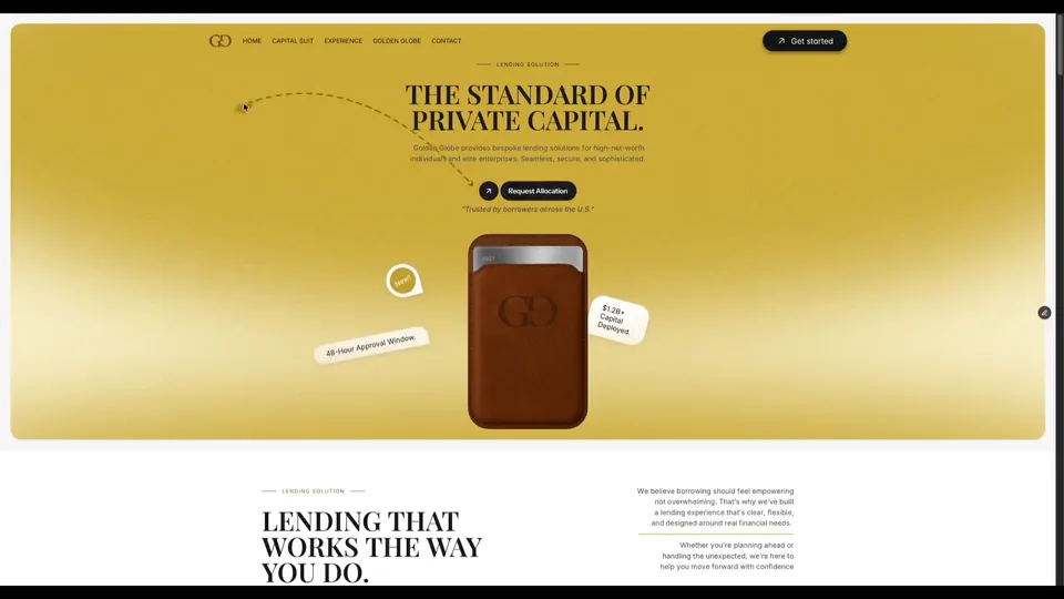 Golden Globe’s gold and cream lending website scrolling through its product experience