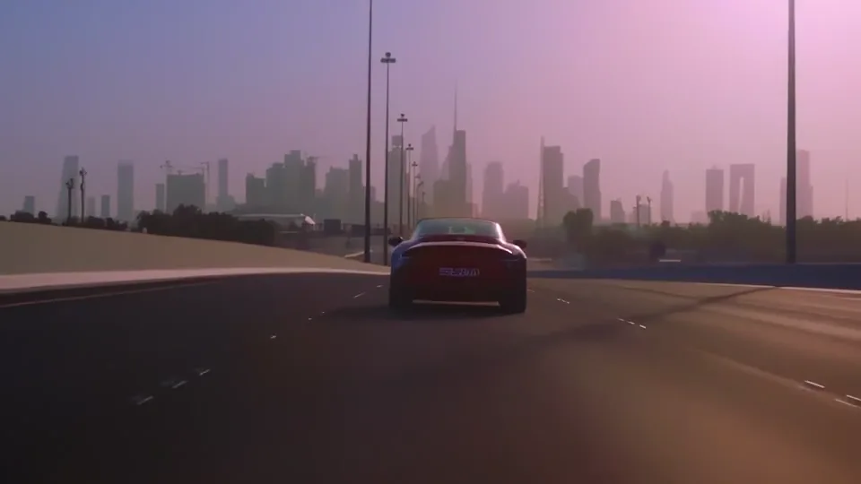 Porsche dealership and a cinematic drive through the city at sunrise