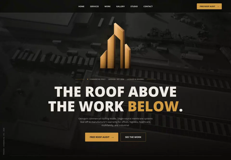 Premier Roofing’s black and gold website, scrolling from the hero through its services