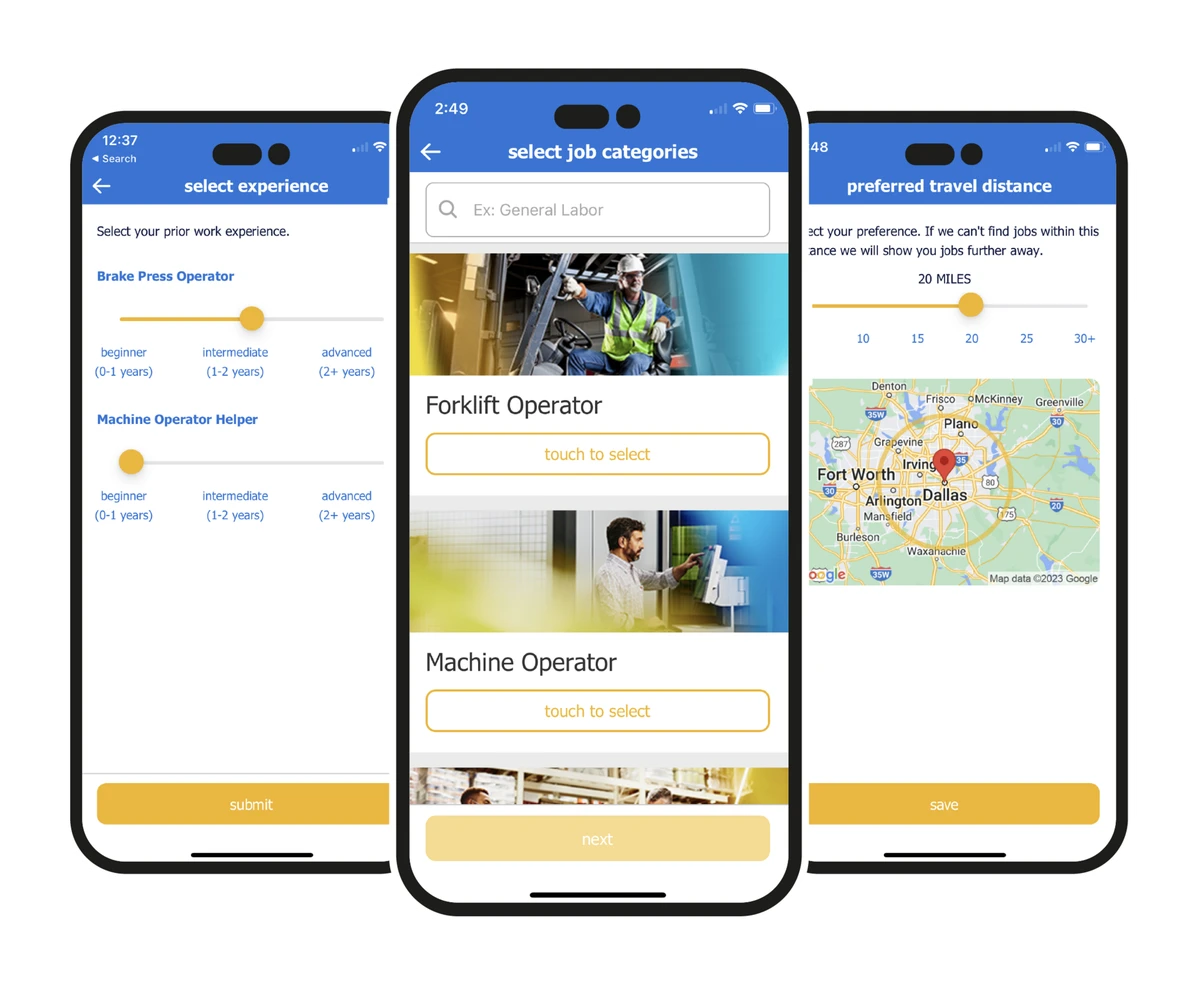 Randstad’s official mobile app screens for job categories, experience, and preferred travel distance