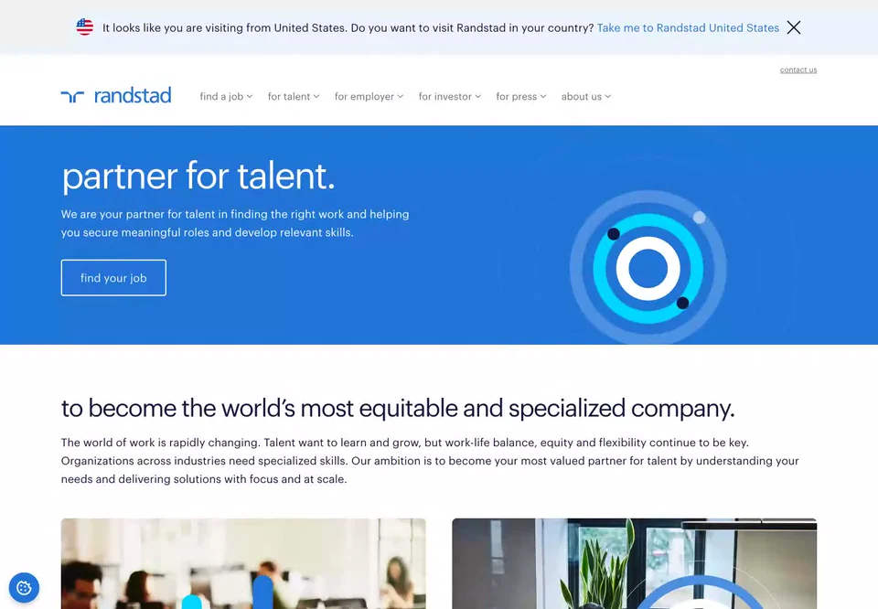 A scroll through Randstad’s blue and white homepage, from its animated brand shapes to talent stories