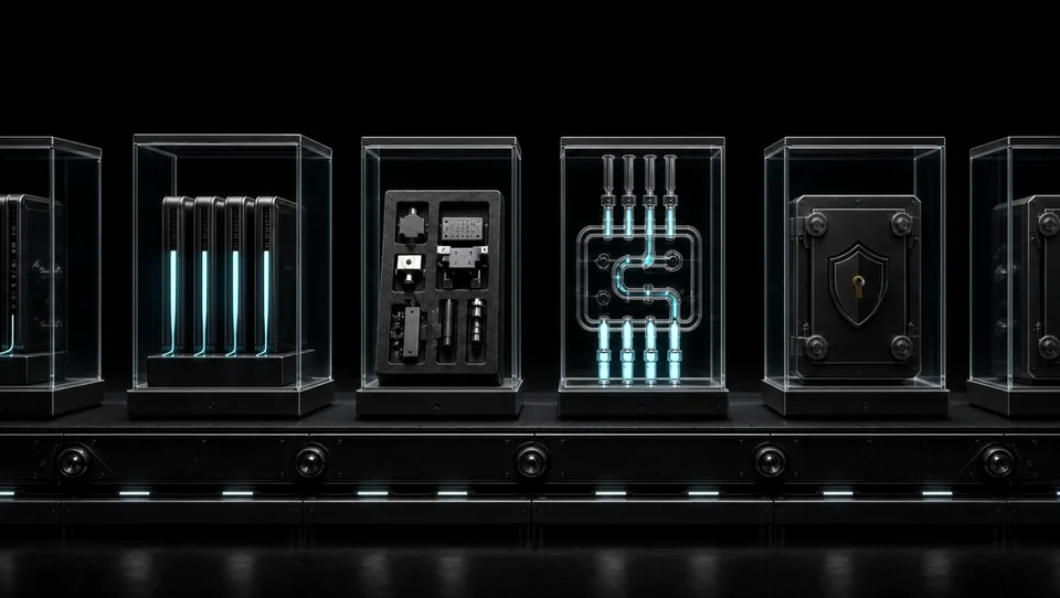 TellByte’s illuminated glass display cases carrying modular systems along a mechanical conveyor