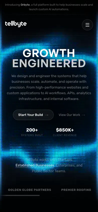 A phone-sized walkthrough of TellByte’s live website, scrolling from Growth Engineered through custom systems, the process, and recent projects