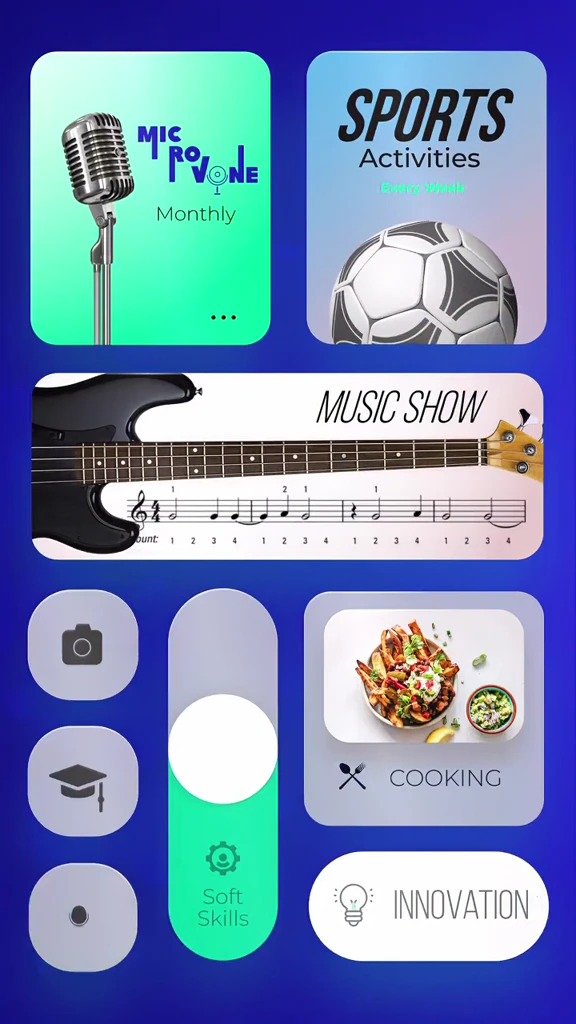 VO’s blue mobile app preview, moving from content categories to video playback and reels