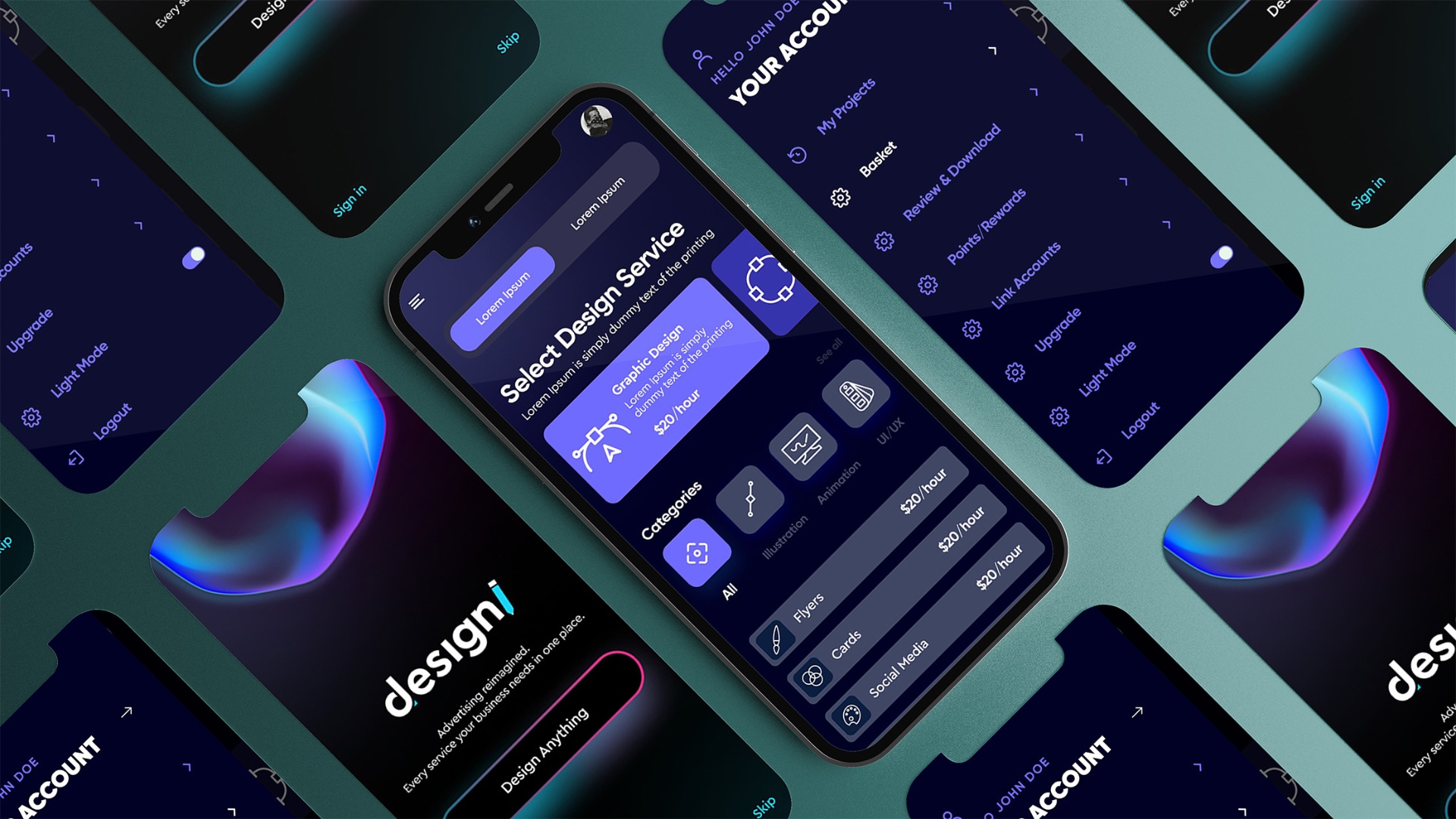 Designi’s mobile interface for selecting a design service